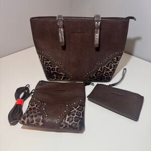 Montana West 3-Piece Purse Brown Leopard Print Tote, Crossbody & Wallet Set NWT